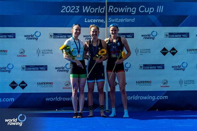 Sophia Luwis, Lightweight Women's Single Sculls, United States of America, Gold, Siobhan Mccrohan, Ireland, Silver, Olivia Bates, Great Britain, Bronze, 2023 World Rowing Cup III, Lucerne, Switzerland / World Rowing/Benedict Tufnell