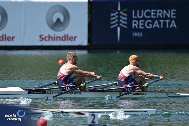 Jiri Simanek (b), Miroslav Vrastil (s), Lightweight Men's Double Sculls, Czech Republic, 2023 World Rowing Cup III, Lucerne, Switzerland / Detlev Seyb/MyRowingPhoto.com