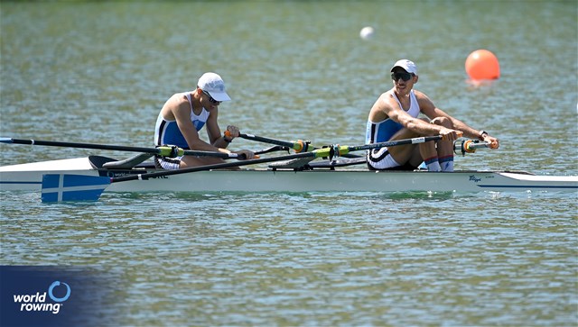 Petros Gkaidatzis (b), Antonios Papakonstantinou (s), Lightweight Men's Double Sculls, Greece, 2023 World Rowing Cup III, Lucerne, Switzerland / Detlev Seyb/MyRowingPhoto.com