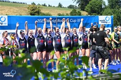 Natasha Morrice (b), Rebecca Edwards, Lauren Irwin, Karen Bennett, Esme Booth, Emily Ford, Harriet Taylor, Annie Campbell-Orde (s), Henry Fieldman (c), Women's Eight, Great Britain, Gold, 2023 World Rowing Cup III, Lucerne, Switzerland / Detlev Seyb/MyRowingPhoto.com