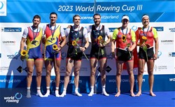 Oliver Wynne-Griffith (b), Tom George (s), Men's Pair, Great Britain, Gold, Marius Cozmiuc (b), Sergiu Bejan (s), Romania, Silver, Roman Roeoesli (b), Andrin Gulich (s), Switzerland, Bronze, 2023 World Rowing Cup III, Lucerne, Switzerland / Detlev Seyb/MyRowingPhoto.com