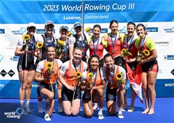 Roos De Jong (b), Tessa Dullemans, Laila Youssifou, Bente Paulis (s), Women's Quadruple Sculls, Netherlands, Gold, Lauren Henry (b), Hannah Scott, Lucy Glover, Georgina Megan Brayshaw (s), Great Britain, Silver, Fabienne Schweizer (b), Lisa Loetscher, Pascale Walker, Celia Dupre (s), Switzerland, Bronze, 2023 World Rowing Cup III, Lucerne, Switzerland / Detlev Seyb/MyRowingPhoto.com
