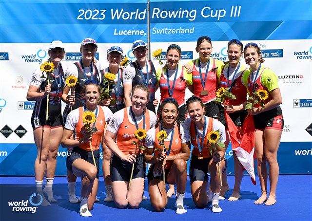Roos De Jong (b), Tessa Dullemans, Laila Youssifou, Bente Paulis (s), Women's Quadruple Sculls, Netherlands, Gold, Lauren Henry (b), Hannah Scott, Lucy Glover, Georgina Megan Brayshaw (s), Great Britain, Silver, Fabienne Schweizer (b), Lisa Loetscher, Pascale Walker, Celia Dupre (s), Switzerland, Bronze, 2023 World Rowing Cup III, Lucerne, Switzerland / Detlev Seyb/MyRowingPhoto.com