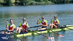 Fabienne Schweizer (b), Lisa Loetscher, Pascale Walker, Celia Dupre (s), Women's Quadruple Sculls, Switzerland, Bronze, 2023 World Rowing Cup III, Lucerne, Switzerland / Detlev Seyb/MyRowingPhoto.com
