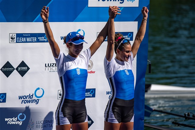 Dimitra Eleni Kontou (b), Zoi Fitsiou (s), Lightweight Women's Double Sculls, Greece, Bronze, 2023 World Rowing Cup III, Lucerne, Switzerland / World Rowing/Benedict Tufnell