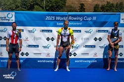Oliver Zeidler, Men's Single Sculls, Germany, Gold, Sverri Nielsen, Denmark, Silver, Thomas Mackintosh, New Zealand, Bronze, 2023 World Rowing Cup III, Lucerne, Switzerland / World Rowing/Benedict Tufnell