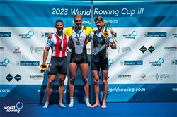Oliver Zeidler, Men's Single Sculls, Germany, Gold, Sverri Nielsen, Denmark, Silver, Thomas Mackintosh, New Zealand, Bronze, 2023 World Rowing Cup III, Lucerne, Switzerland / World Rowing/Benedict Tufnell