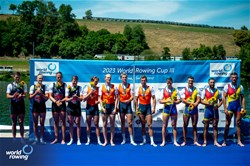 Lennart Van Lierop (b), Finn Florijn, Tone Wieten, Koen Metsemakers (s), Men's Quadruple Sculls, Netherlands, Gold, Callum Dixon (b), George Bourne, Matthew Haywood, Tom Barras (s), Great Britain, Silver, Mihai Chiruta (b), Andrei-Sebastian Cornea, Ioan Prundeanu, Marian Enache (s), Romania, Bronze, 2023 World Rowing Cup III, Lucerne, Switzerland / World Rowing/Benedict Tufnell