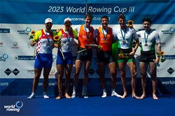 Melvin Twellaar (b), Stefan Broenink (s), Men's Double Sculls, Netherlands, Gold, Martin Sinkovic (b), Valent Sinkovic (s), Croatia, Silver, Daire Lynch (b), Philip Doyle (s), Ireland, Bronze, 2023 World Rowing Cup III, Lucerne, Switzerland / World Rowing/Benedict Tufnell