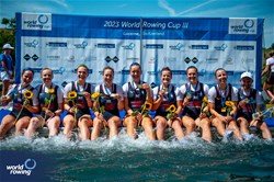 Natasha Morrice (b), Rebecca Edwards, Lauren Irwin, Karen Bennett, Esme Booth, Emily Ford, Harriet Taylor, Annie Campbell-Orde (s), Henry Fieldman (c), Women's Eight, Great Britain, 2023 World Rowing Cup III, Lucerne, Switzerland / World Rowing/Benedict Tufnell
