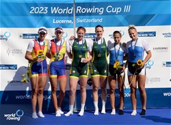 Jessica Morrison (b), Annabelle Mcintyre (s), Women's Pair, Australia, Gold, Ioana Vrinceanu (b), Roxana Anghel (s), Romania, Silver, Evangelia Anastasiadou (b), Christina Ioanna Bourmpou (s), Greece, Bronze, 2023 World Rowing Cup III, Lucerne, Switzerland / Detlev Seyb/MyRowingPhoto.com