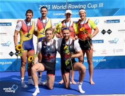 Oliver Wynne-Griffith (b), Tom George (s), Men's Pair, Great Britain, Gold, Marius Cozmiuc (b), Sergiu Bejan (s), Romania, Silver, Roman Roeoesli (b), Andrin Gulich (s), Switzerland, Bronze, 2023 World Rowing Cup III, Lucerne, Switzerland / Detlev Seyb/MyRowingPhoto.com