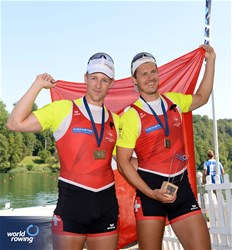 Roman Roeoesli (b), Andrin Gulich (s), Men's Pair, Switzerland, Bronze, 2023 World Rowing Cup III, Lucerne, Switzerland / Detlev Seyb/MyRowingPhoto.com