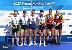 Hugo Beurey (b), Ferdinand Ludwig (s), Lightweight Men's Double Sculls, France, Gold, Fintan Mc Carthy (b), Paul O'Donovan (s), Ireland, Silver, Jan Schaeuble (b), Raphael Ahumada Ireland (s), Switzerland, Bronze, 2023 World Rowing Cup III, Lucerne, Switzerland / Detlev Seyb/MyRowingPhoto.com