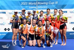 Roos De Jong (b), Tessa Dullemans, Laila Youssifou, Bente Paulis (s), Women's Quadruple Sculls, Netherlands, Gold, Lauren Henry (b), Hannah Scott, Lucy Glover, Georgina Megan Brayshaw (s), Great Britain, Silver, Fabienne Schweizer (b), Lisa Loetscher, Pascale Walker, Celia Dupre (s), Switzerland, Bronze, 2023 World Rowing Cup III, Lucerne, Switzerland / Detlev Seyb/MyRowingPhoto.com
