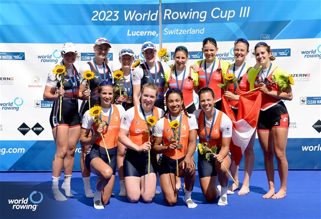 Roos De Jong (b), Tessa Dullemans, Laila Youssifou, Bente Paulis (s), Women's Quadruple Sculls, Netherlands, Gold, Lauren Henry (b), Hannah Scott, Lucy Glover, Georgina Megan Brayshaw (s), Great Britain, Silver, Fabienne Schweizer (b), Lisa Loetscher, Pascale Walker, Celia Dupre (s), Switzerland, Bronze, 2023 World Rowing Cup III, Lucerne, Switzerland / Detlev Seyb/MyRowingPhoto.com