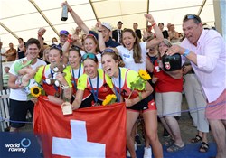 Fabienne Schweizer (b), Lisa Loetscher, Pascale Walker, Celia Dupre (s), Women's Quadruple Sculls, Switzerland, Bronze, 2023 World Rowing Cup III, Lucerne, Switzerland / Detlev Seyb/MyRowingPhoto.com