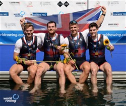 Oliver Wilkes (b), David Ambler, Matthew Aldridge, Freddie Davidson (s), Men's Four, Great Britain, Gold, 2023 World Rowing Cup III, Lucerne, Switzerland / Detlev Seyb/MyRowingPhoto.com