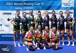 Madalina Beres (b), Maria Tivodariu, Magdalena Rusu, Amalia Beres (s), Women's Four, Romania, Gold, Giorgia Patten (b), Katrina Werry, Sarah Hawe, Lucy Stephan (s), Australia, Silver, Rowan Mckellar (b), Heidi Long, Rebecca Shorten, Helen Glover (s), Great Britain, Bronze, 2023 World Rowing Cup III, Lucerne, Switzerland / Detlev Seyb/MyRowingPhoto.com