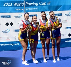 Madalina Beres (b), Maria Tivodariu, Magdalena Rusu, Amalia Beres (s), Women's Four, Romania, Gold, 2023 World Rowing Cup III, Lucerne, Switzerland / Detlev Seyb/MyRowingPhoto.com