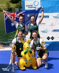 Giorgia Patten (b), Katrina Werry, Sarah Hawe, Lucy Stephan (s), Women's Four, Australia, Silver, 2023 World Rowing Cup III, Lucerne, Switzerland / Detlev Seyb/MyRowingPhoto.com