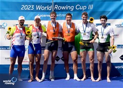 Melvin Twellaar (b), Stefan Broenink (s), Men's Double Sculls, Netherlands, Gold, Martin Sinkovic (b), Valent Sinkovic (s), Croatia, Silver, Daire Lynch (b), Philip Doyle (s), Ireland, Bronze, 2023 World Rowing Cup III, Lucerne, Switzerland / Detlev Seyb/MyRowingPhoto.com