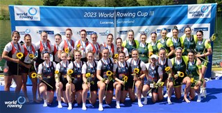 Natasha Morrice (b), Rebecca Edwards, Lauren Irwin, Karen Bennett, Esme Booth, Emily Ford, Harriet Taylor, Annie Campbell-Orde (s), Henry Fieldman (c), Great Britain, Women's Eight, Gold, Jessica Sevick (b), Kasia Gruchalla-Wesierski, Alexis Cronk, Kirsten Edwards, Sydney Payne, Avalon Wasteneys, Kristina Walker, Morgan Rosts (s), Kristen Kit (c), Canada, Silver, Lily Alton Triggs (b), Paige Barr, Georgie Gleeson, Olympia Aldersey, Georgina Rowe, Jacqueline Swick, Molly Goodman, Bronwyn Cox (s), Hayley Verbunt (c), Australia, Bronze, 2023 World Rowing Cup III, Lucerne, Switzerland / Detlev Seyb/MyRowingPhoto.com