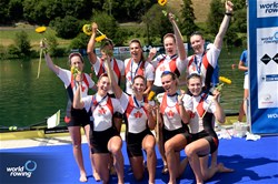Jessica Sevick (b), Kasia Gruchalla-Wesierski, Alexis Cronk, Kirsten Edwards, Sydney Payne, Avalon Wasteneys, Kristina Walker, Morgan Rosts (s), Kristen Kit (c), Women's Eight, Canada, Silver, 2023 World Rowing Cup III, Lucerne, Switzerland / Detlev Seyb/MyRowingPhoto.com
