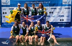 Patrick Holt (b), Joshua Hicks, Benjamin Canham, Timothy Masters, Jack Robertson, Jack O'Brien, Angus Dawson, Angus Widdicombe (s), Kendall Brodie (c), Men's Eight, Australia, Gold, 2023 World Rowing Cup III, Lucerne, Switzerland / Detlev Seyb/MyRowingPhoto.com