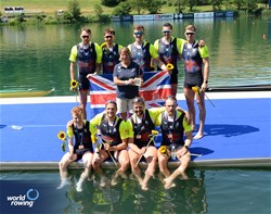 William Stewart (b), Morgan Bolding, Jacob Dawson, Sholto Carnegie, Rory Gibbs, Thomas Digby, James Rudkin, Tom Ford (s), Harry Brightmore (c), Men's Eight, Great Britain, Silver, 2023 World Rowing Cup III, Lucerne, Switzerland / Detlev Seyb/MyRowingPhoto.com