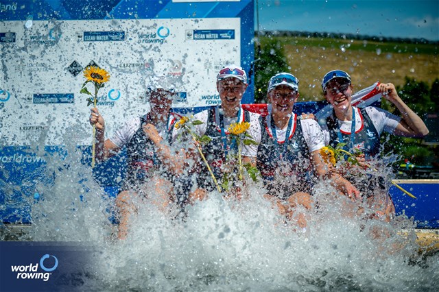 Lauren Henry (b), Hannah Scott, Lucy Glover, Georgina Megan Brayshaw (s), Women's Quadruple Sculls, Great Britain, Gold, 2023 World Rowing Cup III, Lucerne, Switzerland / World Rowing/Benedict Tufnell
