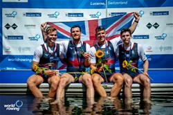 Oliver Wilkes (b), David Ambler, Matthew Aldridge, Freddie Davidson (s), Men's Four, Great Britain, Gold, 2023 World Rowing Cup III, Lucerne, Switzerland / World Rowing/Benedict Tufnell