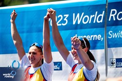 Ancuta Bodnar (b), Simona Radis (s), Women's Double Sculls, Romania, 2023 World Rowing Cup III, Lucerne, Switzerland / World Rowing/Benedict Tufnell