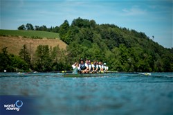 Patrick Holt (b), Joshua Hicks, Benjamin Canham, Timothy Masters, Jack Robertson, Jack O'Brien, Angus Dawson, Angus Widdicombe (s), Kendall Brodie (c), Men's Eight, Australia, Gold, 2023 World Rowing Cup III, Lucerne, Switzerland / World Rowing/Benedict Tufnell