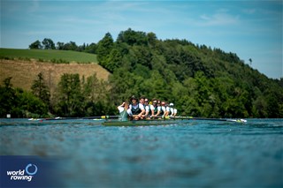 Patrick Holt (b), Joshua Hicks, Benjamin Canham, Timothy Masters, Jack Robertson, Jack O'Brien, Angus Dawson, Angus Widdicombe (s), Kendall Brodie (c), Men's Eight, Australia, Gold, 2023 World Rowing Cup III, Lucerne, Switzerland / World Rowing/Benedict Tufnell