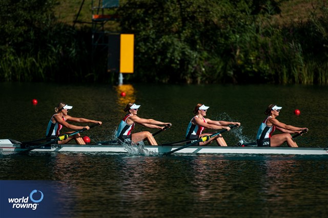 Julie Poulsen (b), Marie Skytte Hauberg Johannesen, Frida Sanggaard Nielsen, Astrid Steensberg (s), Women's Four, Denmark, 2023 World Rowing Cup III, Lucerne, Switzerland / World Rowing/Benedict Tufnell