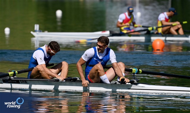 Martin Mackovic (b), Milos Vasic (s), Men's Pair, Serbia, 2023 World Rowing Cup III, Lucerne, Switzerland / Detlev Seyb/MyRowingPhoto.com