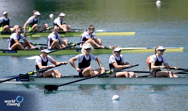Davina Waddy (b), Ella Cossill, Jackie Gowler, Phoebe Spoors (s), Women's Four, New Zealand, 2023 World Rowing Cup III, Lucerne, Switzerland / Detlev Seyb/MyRowingPhoto.com