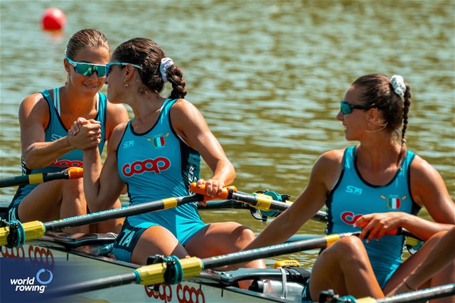Maria Sole Perugino (b), Anita Gnassi, Maria Zerboni, Giulia Clerici (s), Lightweight Women's Quadruple Sculls, Italy, 2023 World Rowing Under 23 Championships, Plovdiv, Bulgaria © World Rowing / Benedict Tufnell