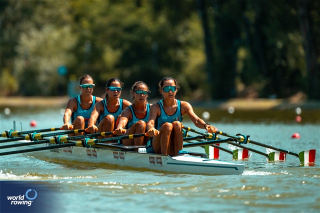 Maria Sole Perugino (b), Anita Gnassi, Maria Zerboni, Giulia Clerici (s), Lightweight Women's Quadruple Sculls, Italy, 2023 World Rowing Under 23 Championships, Plovdiv, Bulgaria © World Rowing / Benedict Tufnell
