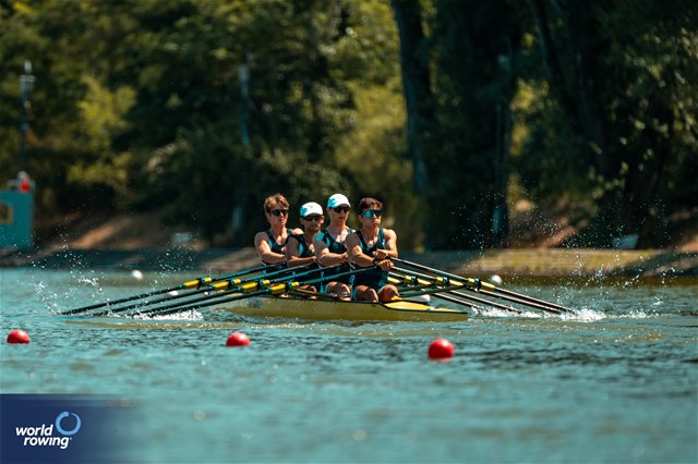 Troy Riesenberger (b), Ruben Luthra, Eli Rabinowitz, Simon Dubiel (s), Lightweight Men's Quadruple Sculls, United States of America, 2023 World Rowing Under 23 Championships, Plovdiv, Bulgaria © World Rowing / Benedict Tufnell