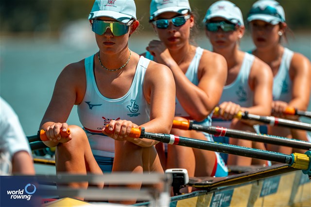 Hannah Supple (b), Ellie Cooke, Molly Curry, Rachel Bradley (s), Women's Quadruple Sculls, Great Britain, 2023 World Rowing Under 23 Championships, Plovdiv, Bulgaria © World Rowing / Benedict Tufnell