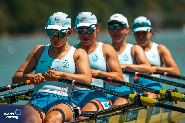 Hannah Supple (b), Ellie Cooke, Molly Curry, Rachel Bradley (s), Women's Quadruple Sculls, Great Britain, 2023 World Rowing Under 23 Championships, Plovdiv, Bulgaria © World Rowing / Benedict Tufnell