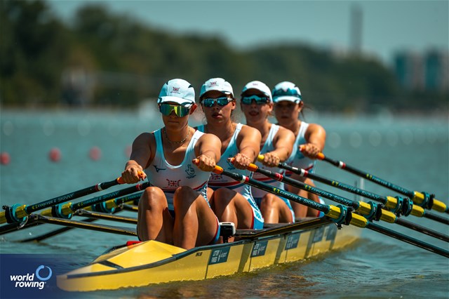 Hannah Supple (b), Ellie Cooke, Molly Curry, Rachel Bradley (s), Women's Quadruple Sculls, Great Britain, 2023 World Rowing Under 23 Championships, Plovdiv, Bulgaria © World Rowing / Benedict Tufnell