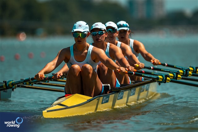 Hannah Supple (b), Ellie Cooke, Molly Curry, Rachel Bradley (s), Women's Quadruple Sculls, Great Britain, 2023 World Rowing Under 23 Championships, Plovdiv, Bulgaria © World Rowing / Benedict Tufnell