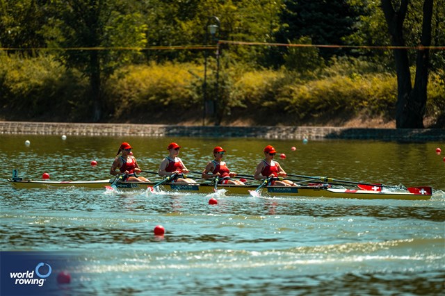 Seraina Fuerholz (b), Nicole Schmid, Alina Berset, Flavia Loetscher (s), Women's Quadruple Sculls, Switzerland, 2023 World Rowing Under 23 Championships, Plovdiv, Bulgaria © World Rowing / Benedict Tufnell