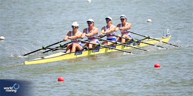 Hannah Supple (b), Ellie Cooke, Molly Curry, Rachel Bradley (s), Women's Quadruple Sculls, Great Britain, 2023 World Rowing Under 23 Championships, Plovdiv, Bulgaria