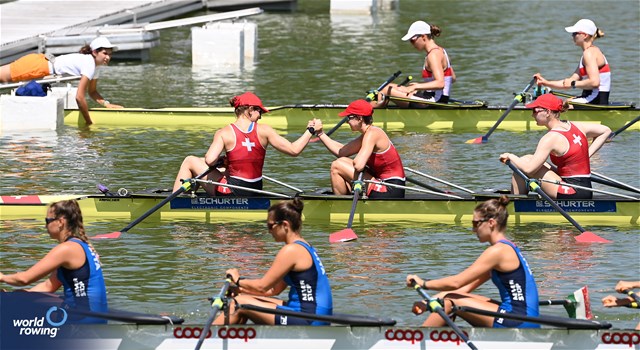 Seraina Fuerholz (b), Nicole Schmid, Alina Berset, Flavia Loetscher (s), Women's Quadruple Sculls, Switzerland, 2023 World Rowing Under 23 Championships, Plovdiv, Bulgaria
