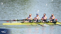 Astrid Hoejgaard (b), Var Guriardottir Hansen, Clara Freltoft, Laura Studsgaard Boldsen (s), Women's Quadruple Sculls, Denmark, 2023 World Rowing Under 23 Championships, Plovdiv, Bulgaria