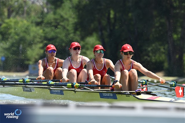 Seraina Fuerholz (b), Nicole Schmid, Alina Berset, Flavia Loetscher (s), Women's Quadruple Sculls, Switzerland, 2023 World Rowing Under 23 Championships, Plovdiv, Bulgaria